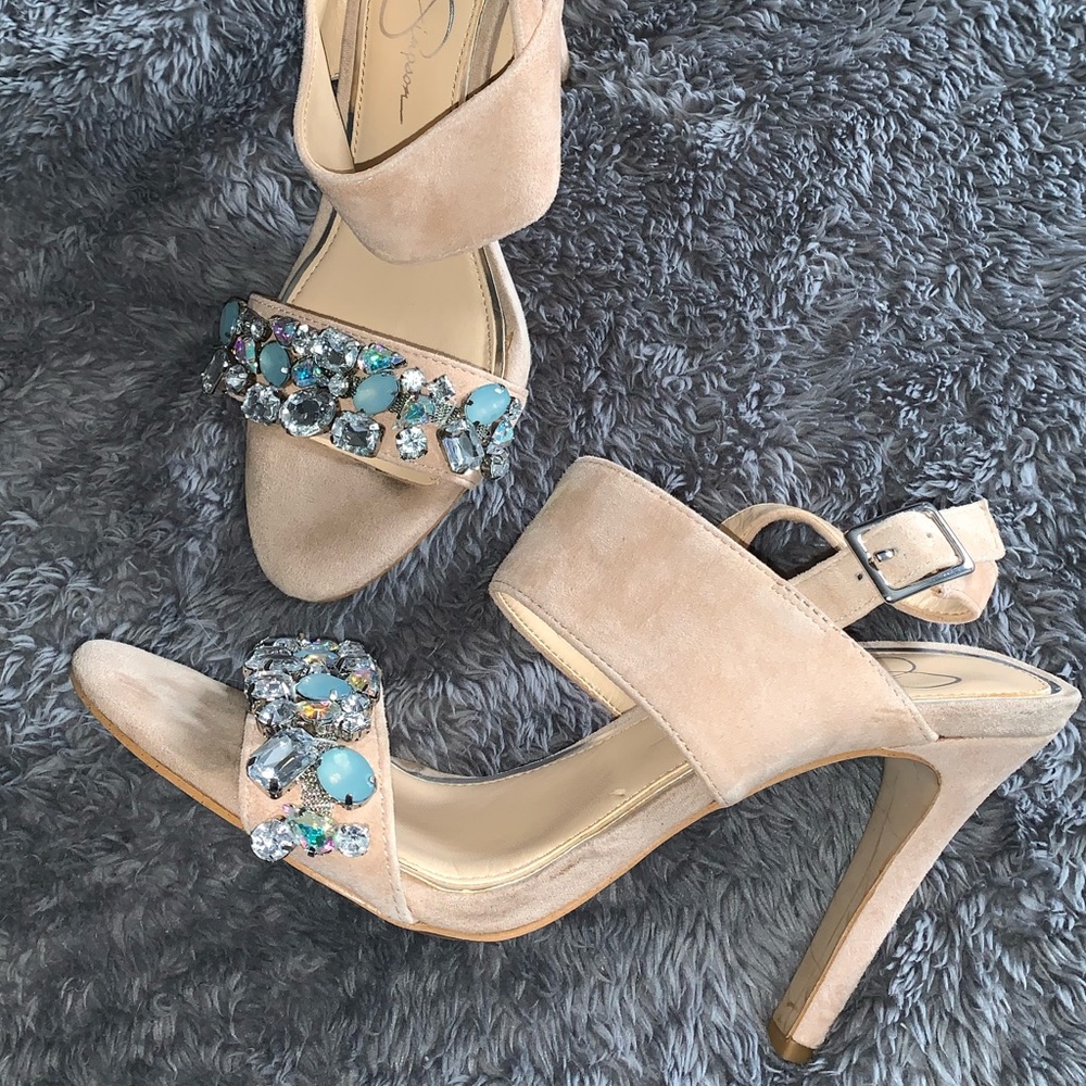 Tan Suede Embellished Heels